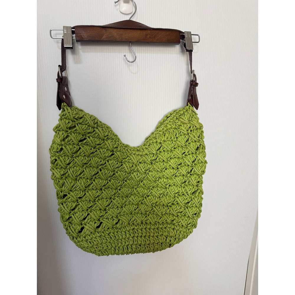 Straw Studios Lime Green Woven Hobo Shoulder Bag Brown Adjustable Strap Boho